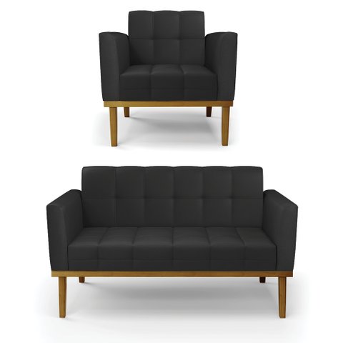 Conjunto Poltrona e Namoradeira Decorativas Karen Pés Fixo em Madeira Castanho Pu Preto G19 - Gran B