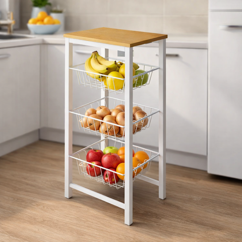 Fruteira de Chão Cozinha Montada Aço Branco Tampo Canela Roma