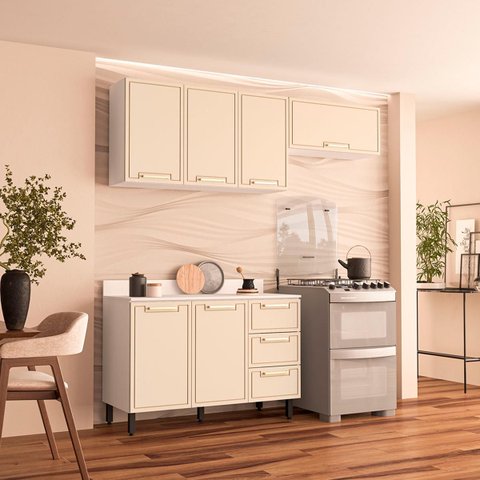 Cozinha Amara 3 Peças 200x224,5cm Armários Aéreos Balcão com Tampo Branco/Creme 250087