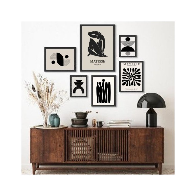 Kit Composição 6 Quadros Minimalistas Arte Moderna - com Vidro:madeira Preta