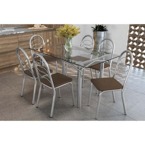 Kit 6 Cadeiras Sala Jantar Elba C/ Tampo de Vidro 150cm e 6 Cadeiras Holanda Cromada - Courano