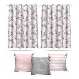 Kit Cortina Infantil Flores Rosa + 3 Capas Almofada 2,6x1,5m - 1