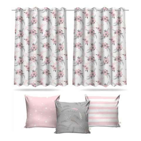 Kit Cortina Infantil Flores Rosa + 3 Capas Almofada 2,6x1,5m