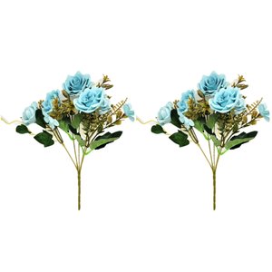 Jogo Buquê Mini Rosas Azul Tiffany 5 Flores Folhagens Realistas 2 Unidades 30cm
