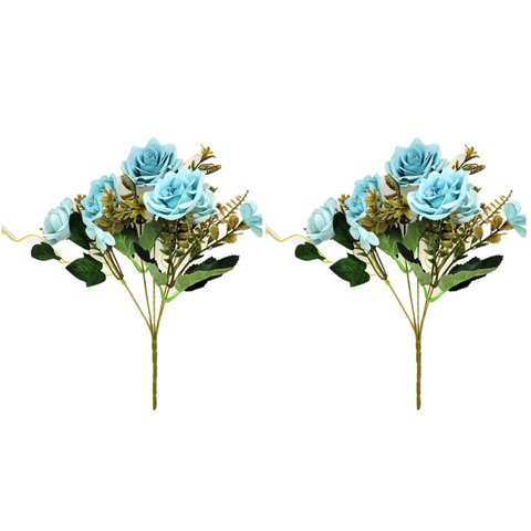 Jogo Buquê Mini Rosas Azul Tiffany 5 Flores Folhagens Realistas 2 Unidades 30cm