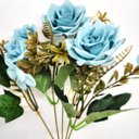 Ver imagem 3 de Jogo Buquê Mini Rosas Azul Tiffany 5 Flores Folhagens Realistas 2 Unidades 30cm