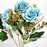 Jogo Buquê Mini Rosas Azul Tiffany 5 Flores Folhagens Realistas 2 Unidades 30cm - 3