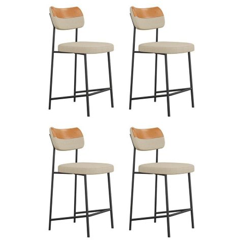 Kit 04 Banquetas Médias Cozinha Lila Estofada Couríssimo Whisky Linho Bege - Desk Design