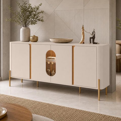Aparador Buffet para Sala de Jantar 4 Portas 180cm Orgânico Industrial Bessa B02 Off White