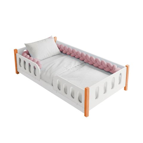 Cama Infantil Montessoriana Melissa Completa com Colchão e Enxoval Trança Rosa Grade Luminária LED