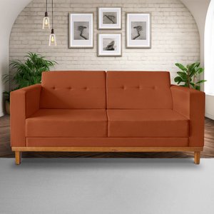 Sofa Beny 1.80 Linho Terra Cota Soft Encosto Inclinado Madeira Prima Deccor