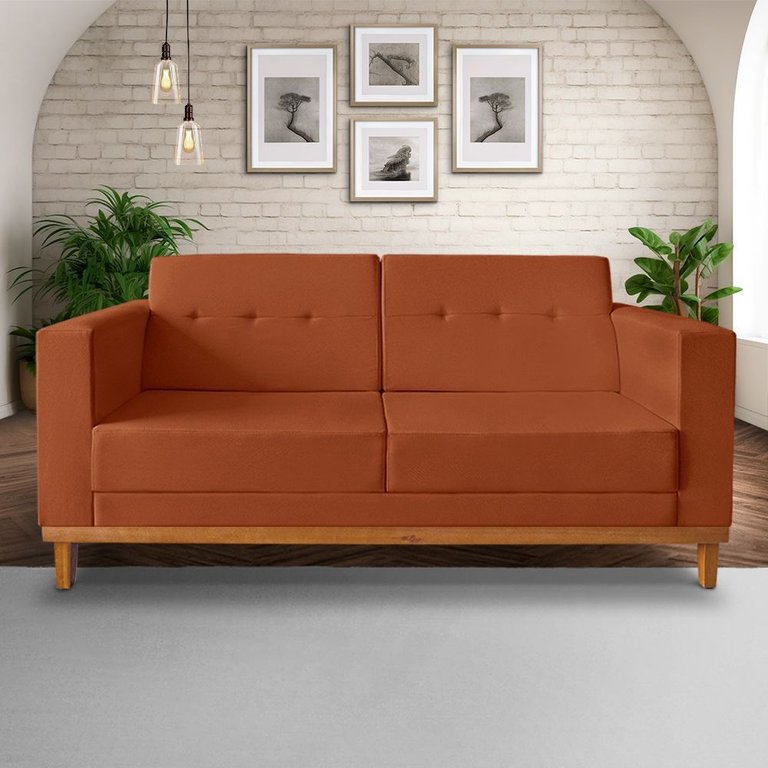 Sofa Beny 1.80 Linho Terra Cota Soft Encosto Inclinado Madeira Prima Deccor