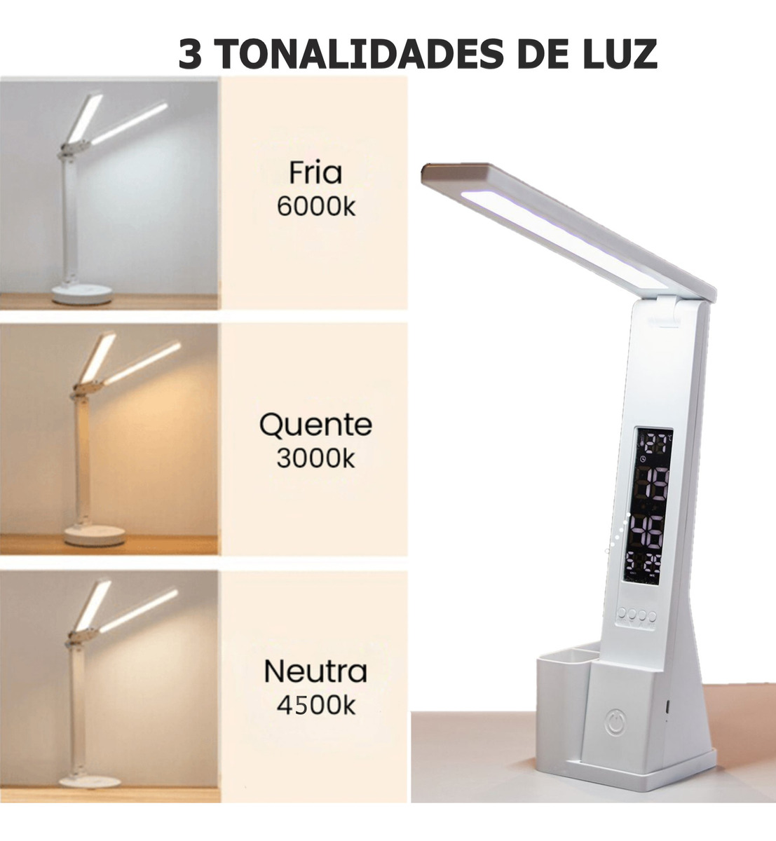 Luminária de Mesa Articulável Abajur Leitura Estudo Relógio - 6