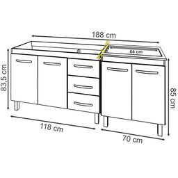 Armário Cozinha Gabinete Pia de 120 Cm Bruna e Balcão Fran para Cooktop 5 Bocas Savana Off White - 6