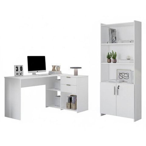 Conjunto para Escritorio com Mesa em L Nt2060 e Armário Multiuso Branco Notável Móveis