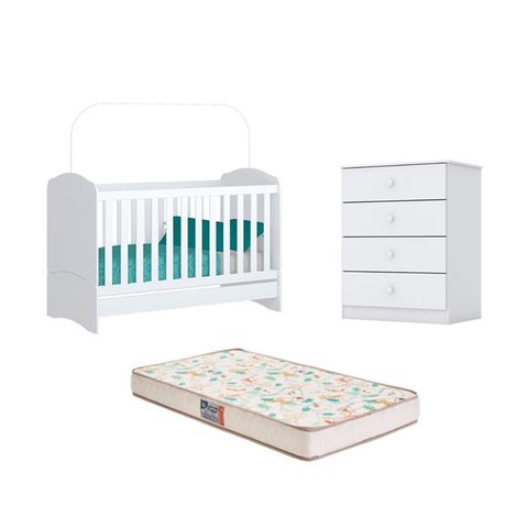 Berço Bala de Menta e Cômoda Labirinto Branco e Colchão - Fdecor