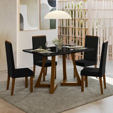 Sala Jantar Ana 136cm Vidro 4 Cadeira Veludo Livia Preto/Ambar