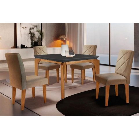 Sala de Jantar Completa Londrina Tampo Madeirado C/ Vidro Curvo 120x80 e 4 Cadeiras Melissa Imbuia