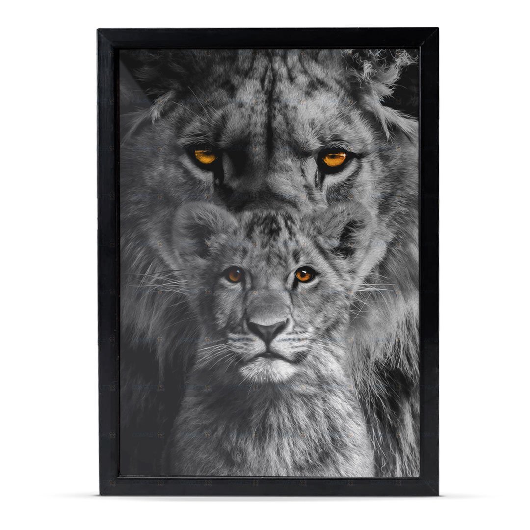 Quadro Leão Com Filhote Preto e Branco Moldura e Vidro - 3