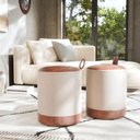 Ver imagem 3 de Conjunto 2 Puff Euro Redondo Moderno com Detalhe em Couro para Quarto ou Sala - Creme com Marrom