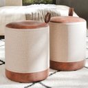 Ver imagem 1 de Conjunto 2 Puff Euro Redondo Moderno com Detalhe em Couro para Quarto ou Sala - Creme com Marrom