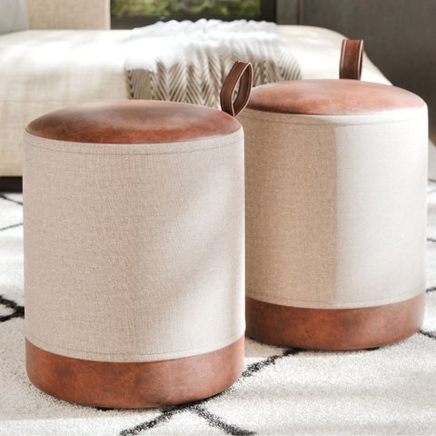 Conjunto 2 Puff Euro Redondo Moderno com Detalhe em Couro para Quarto ou Sala - Creme com Marrom