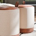 Ver imagem 2 de Conjunto 2 Puff Euro Redondo Moderno com Detalhe em Couro para Quarto ou Sala - Creme com Marrom