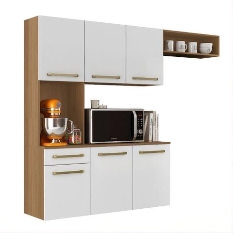 Armário de Cozinha Completa 6 Portas 1 Gaveta MDP 165cm Amadeirado e Branco Aramóveis