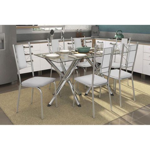 Conjunto: Mesa de Cozinha Volga c/ Tampo de Vidro 150cm + 6 Cadeiras Lisboa Cromada/Branco -