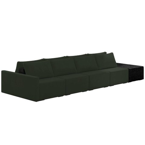 Sofá Ilha Modular para Sala 392cm com Puff Dublin K01 Veludo Verde e Sintético Preto - Lyam Decor
