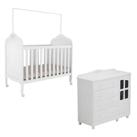 Kit Cômoda e Berço Peroba Elô Branco Quarto Infantil