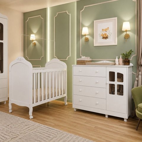 Kit Cômoda e Berço Peroba Elô Branco Quarto Infantil