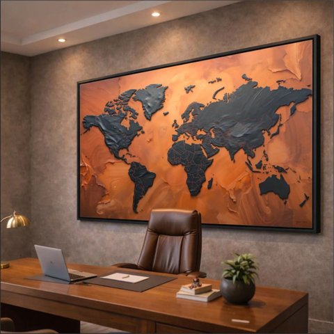 Quadro Mapa Mundi Terracota Vibrante e Grafite Metálico