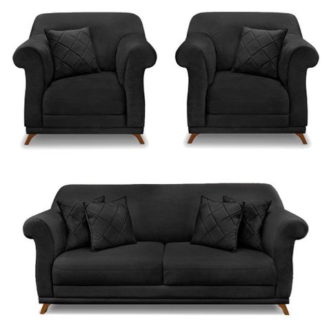 Kit 2 Poltronas E Sofá 2 Lugares 1,60m Veludo Preto