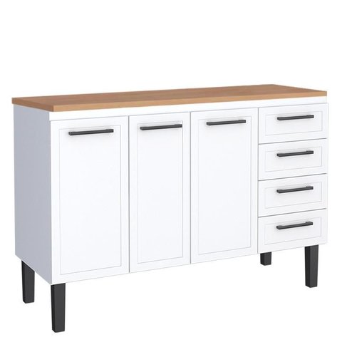 Balcão de Aço com Tampo Madeira 134x91x52cm 3 Portas 4 Gavetas Juno 140 Cozimax Branco/jequitiba