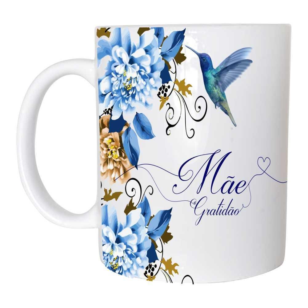 Caneca Cerâmica - Mãe Gratidão Floral Azul E Beija Flor - 1