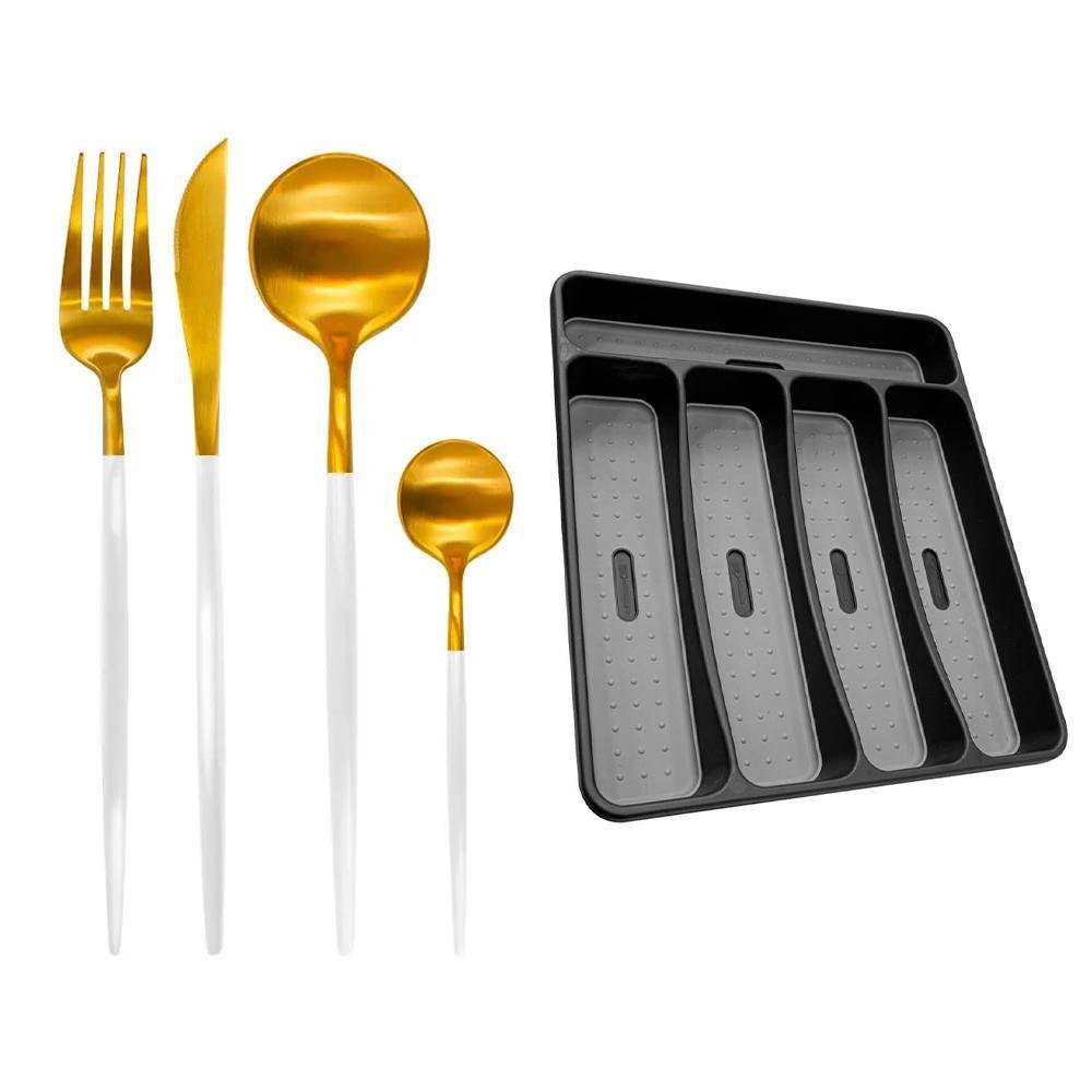 Faqueiro Inox com Porta Talheres 29cm 17 peças Lady Branco e Dourado - Casambiente - 1