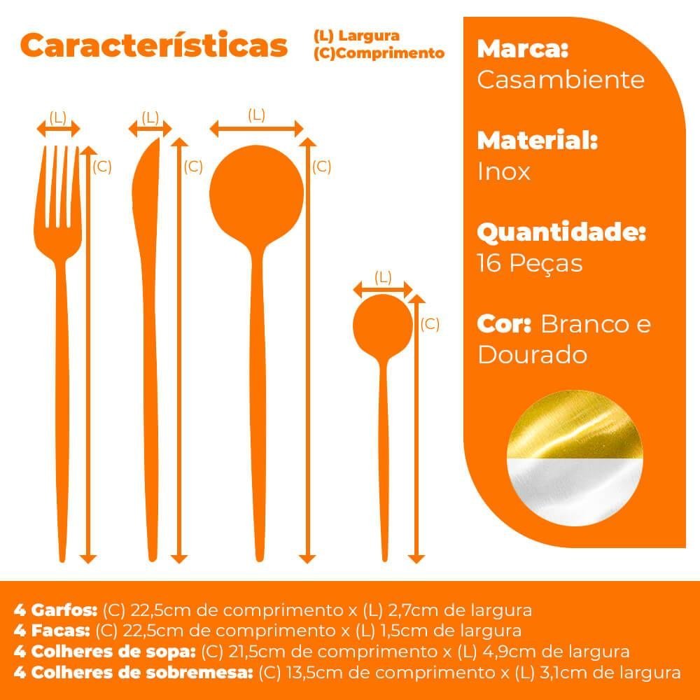 Faqueiro Inox com Porta Talheres 29cm 17 peças Lady Branco e Dourado - Casambiente - 3