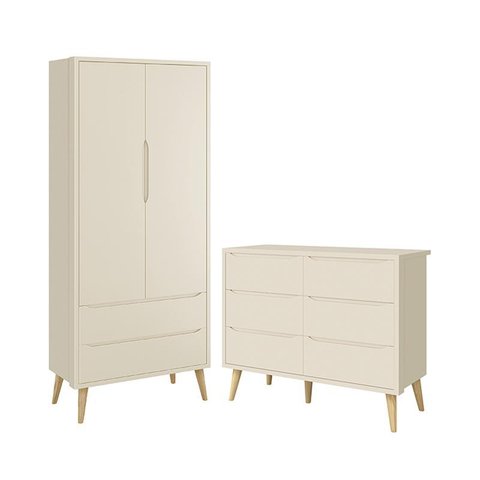 Jogo de Quarto Infantil Theo Guarda Roupa 2 Portas e Cômoda 6 Gavetas Areia Fosco com Pés Madeira