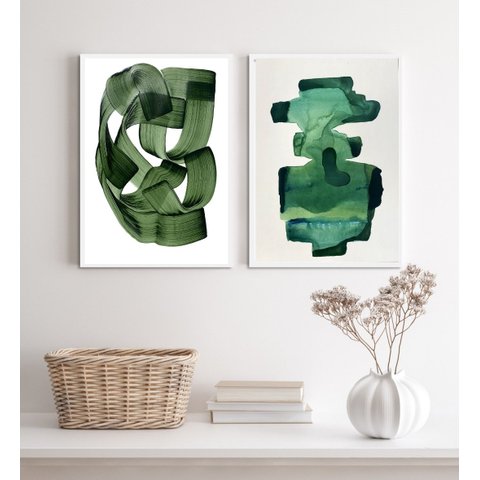 Kit 2 Quadros Decorativos Verdes Abstratos- Aquarela 24x18cm - com Vidro:madeira Branca