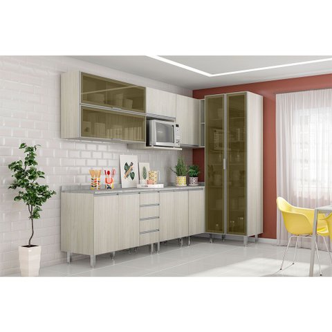 Cozinha Modulada Completa com Tampo 8 Peças Legno Crema com Vidro Reflecta Lis Luciane Móveis