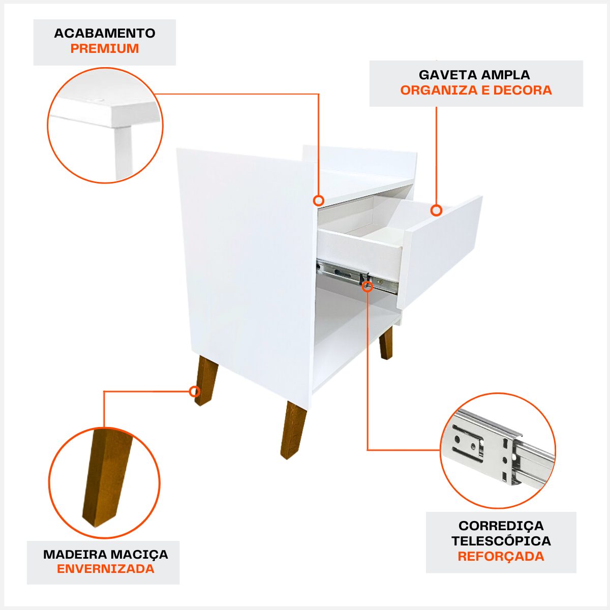 Kit 2 Mesa de Cabeceira Pés Madeira Maciça Estilo Retrô para Quarto Cama com 1 Gaveta e Nicho Branca - 4