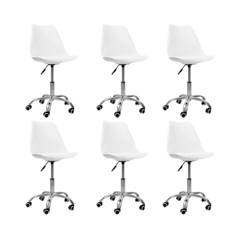 Kit 6 Cadeiras Office Saarinen Giratória Base Cromada com Rodízio e Ajuste de Altura Branco