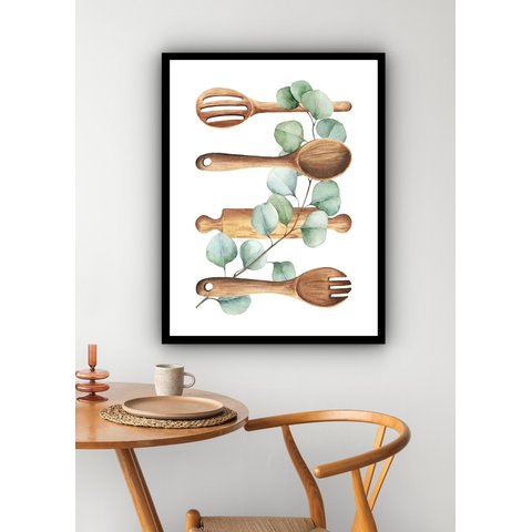 Quadro Decorativo Talheres Folhas Cozinha - 70x50cm:moldura Branca