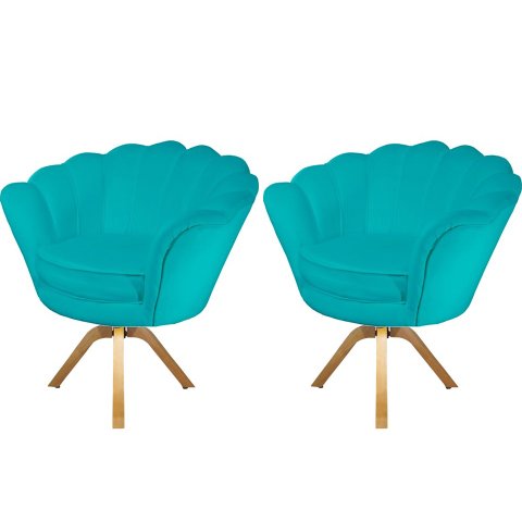 Kit 2 Poltronas Decorativa Pétala Base Giratória Madeira Suede Azul Tifany Ms Decor
