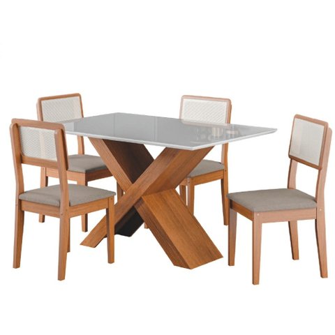 Conjunto de Mesa Sala de Jantar Tampo com Vidro 1,36m Grécia 4 Cadeiras Santiago Dobuê