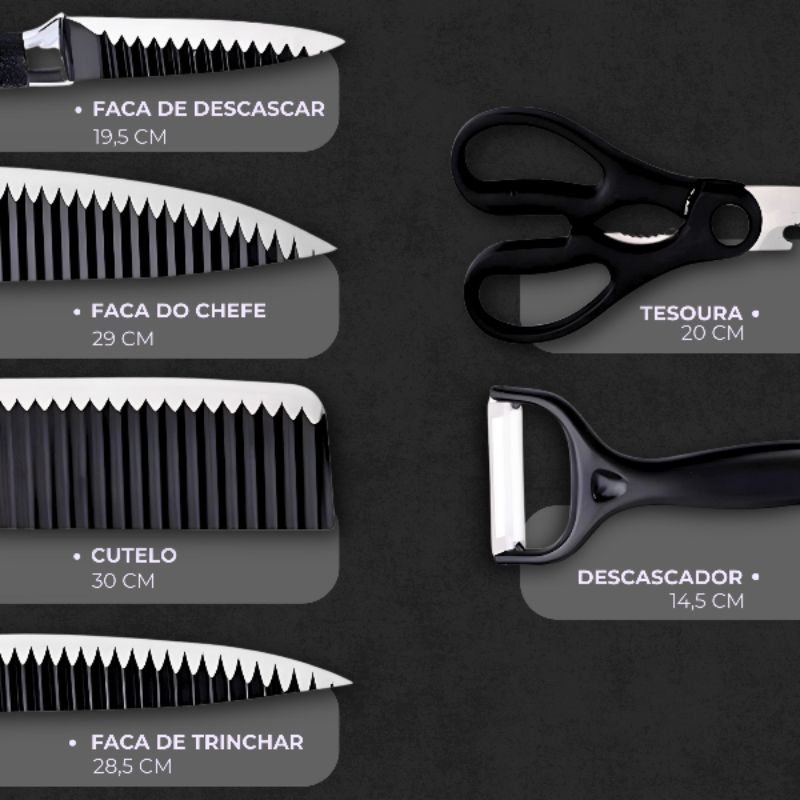 Kit Facas 6 Peças para Churrasco e Cozinha - Preto - 6