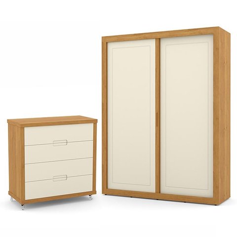 Jogo de Quarto Infantil com Guarda Roupa 2 Portas de Correr e Cômoda 4 Gavetas Tutto New Off White/F