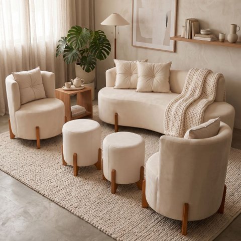 Conjunto 2 Poltronas + Sofá Curvo Orgânico + 02 Puffs Luna Veludo Bege - Montanaris Decor