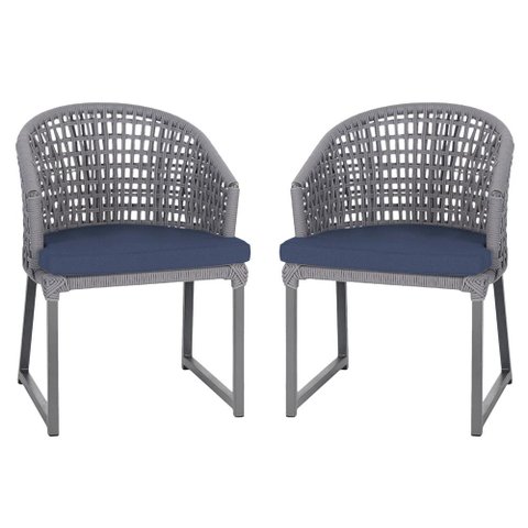 2 Cadeira Noronha Aluminio Micro Pintura Grafite, Tr. Telinha Corda Nautica Grafite, Estofado - Azul